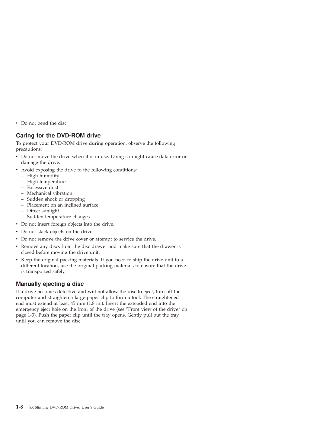 IBM 10K3799 manual Caring for the DVD-ROM drive, Manually ejecting a disc 