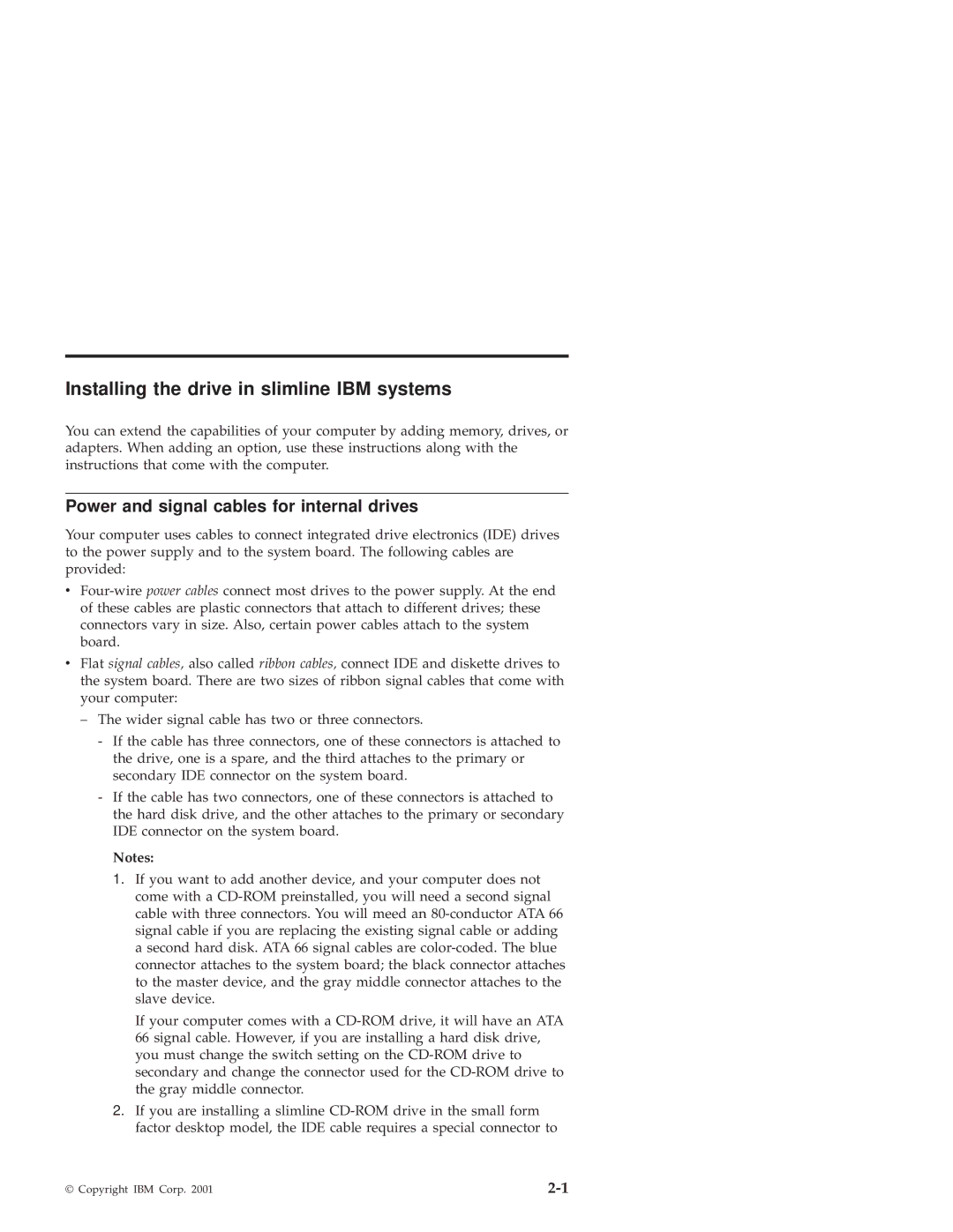 IBM 10K3799 manual Installing the drive in slimline IBM systems, Power and signal cables for internal drives 
