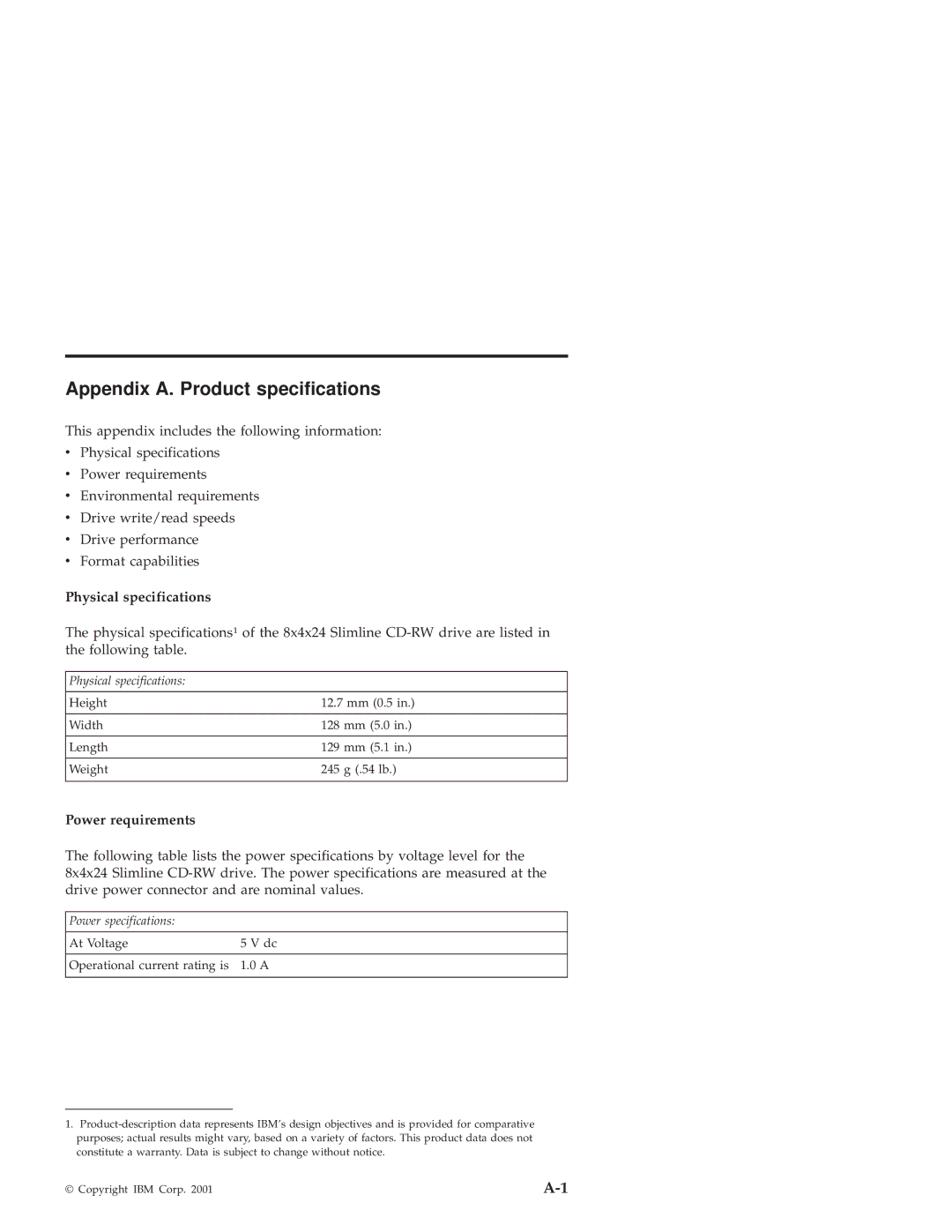 IBM 10K3799 manual Appendix A. Product specifications, Physical specifications, Power requirements 