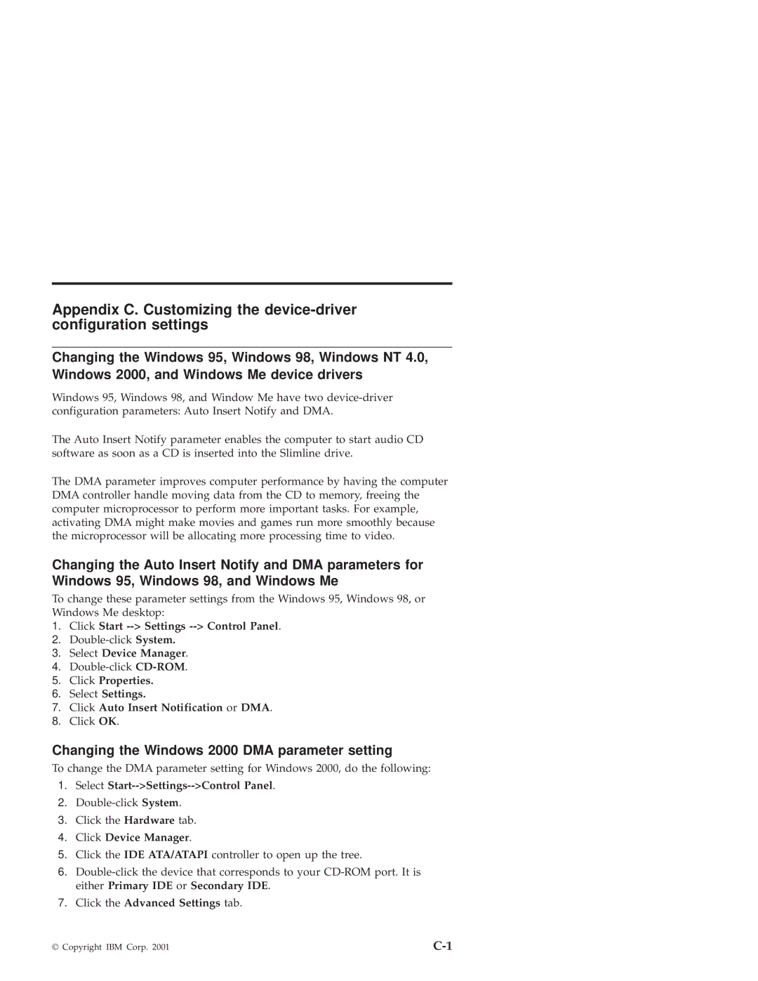 IBM 10K3799 manual Changing the Windows 2000 DMA parameter setting 