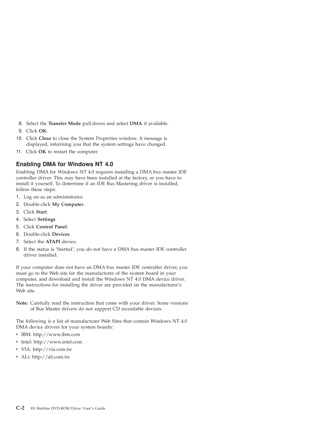 IBM 10K3799 manual Enabling DMA for Windows NT, Click Control Panel 