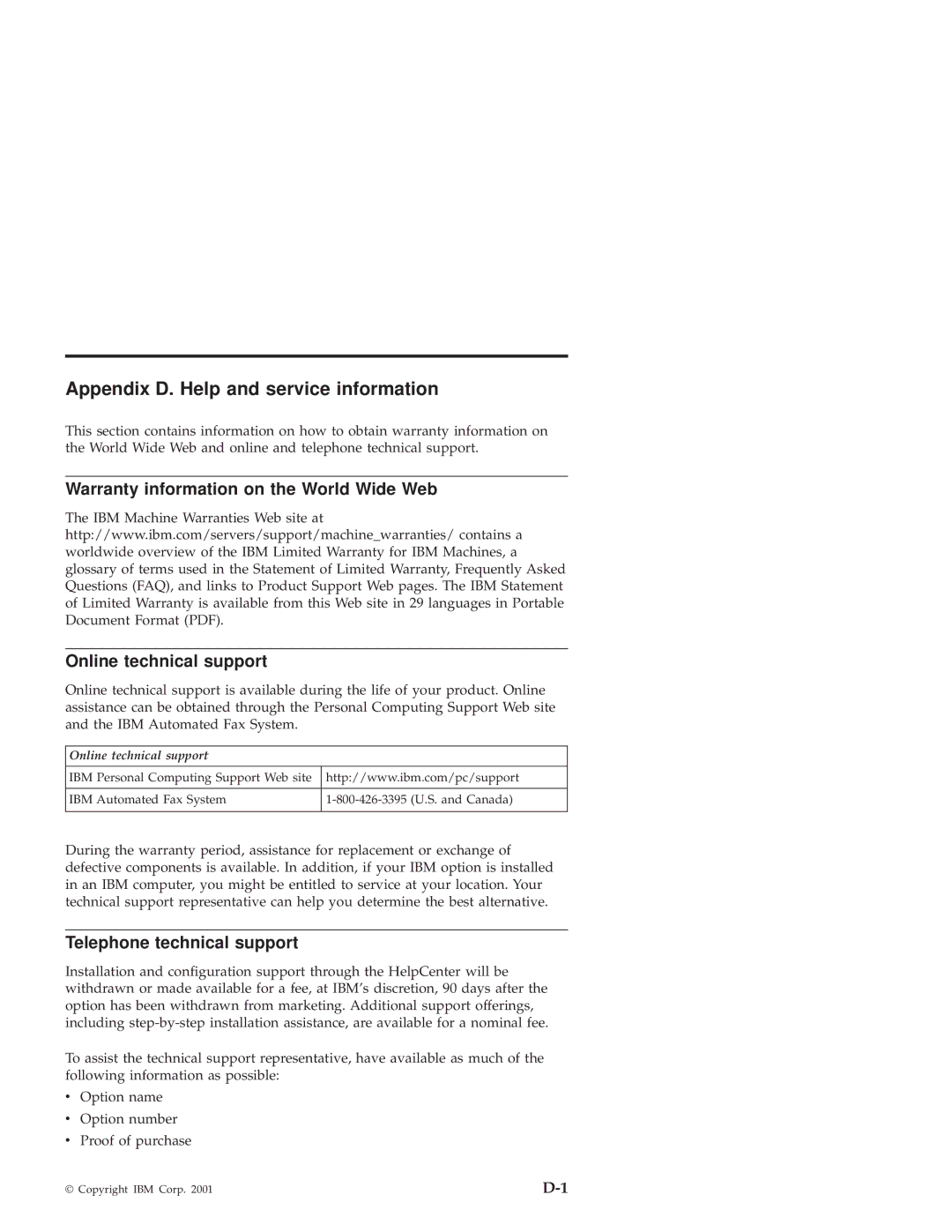 IBM 10K3799 manual Appendix D. Help and service information, Telephone technical support 