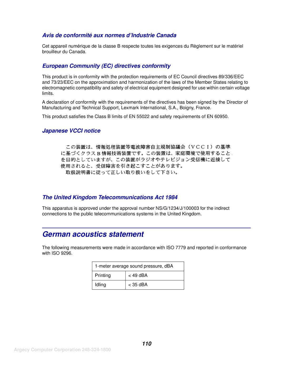 IBM 1116 manual German acoustics statement, Avis de conformité aux normes d’Industrie Canada 