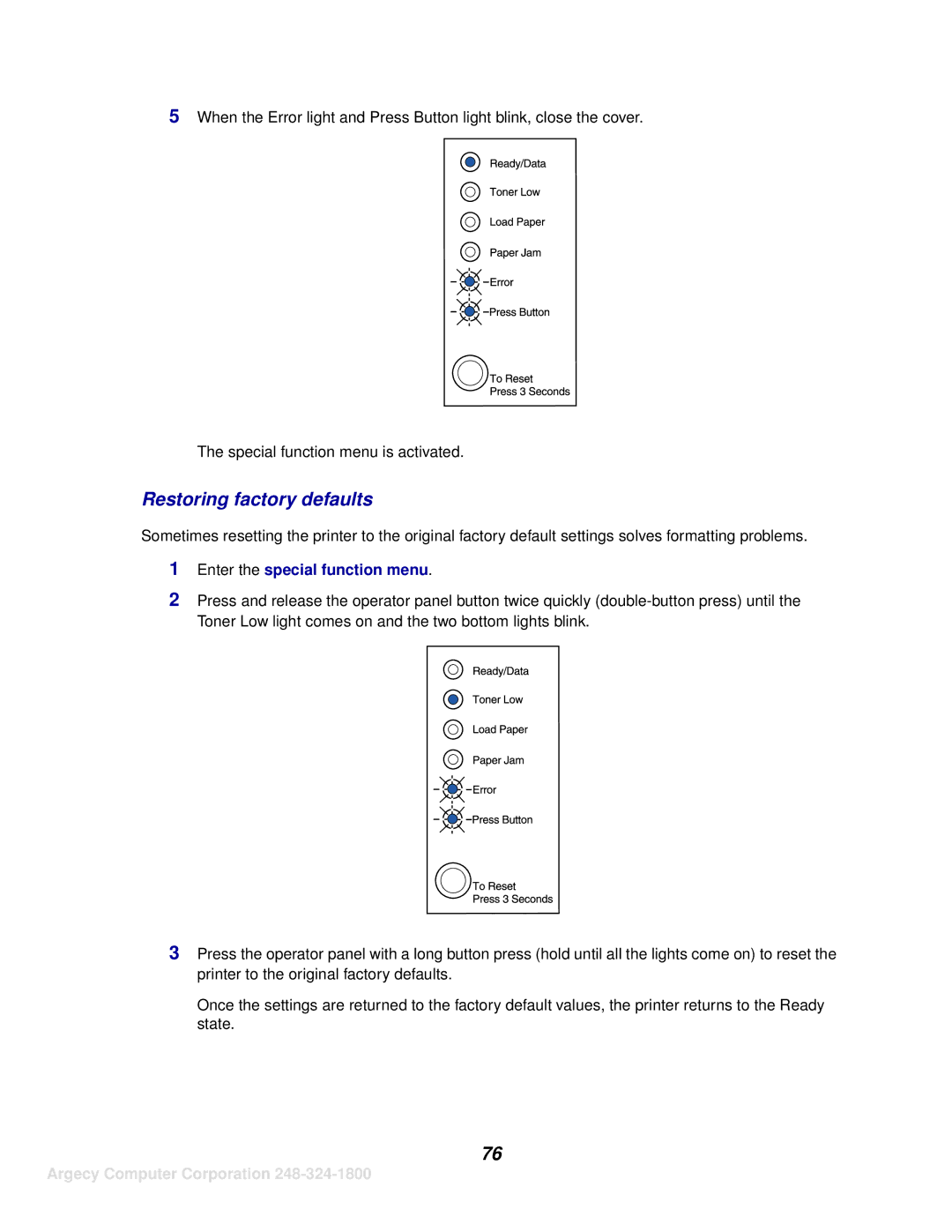 IBM 1116 manual Restoring factory defaults, Enter the special function menu 