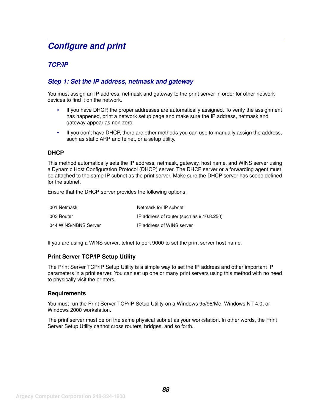 IBM 1116 Configure and print, Set the IP address, netmask and gateway, Print Server TCP/IP Setup Utility, Requirements 