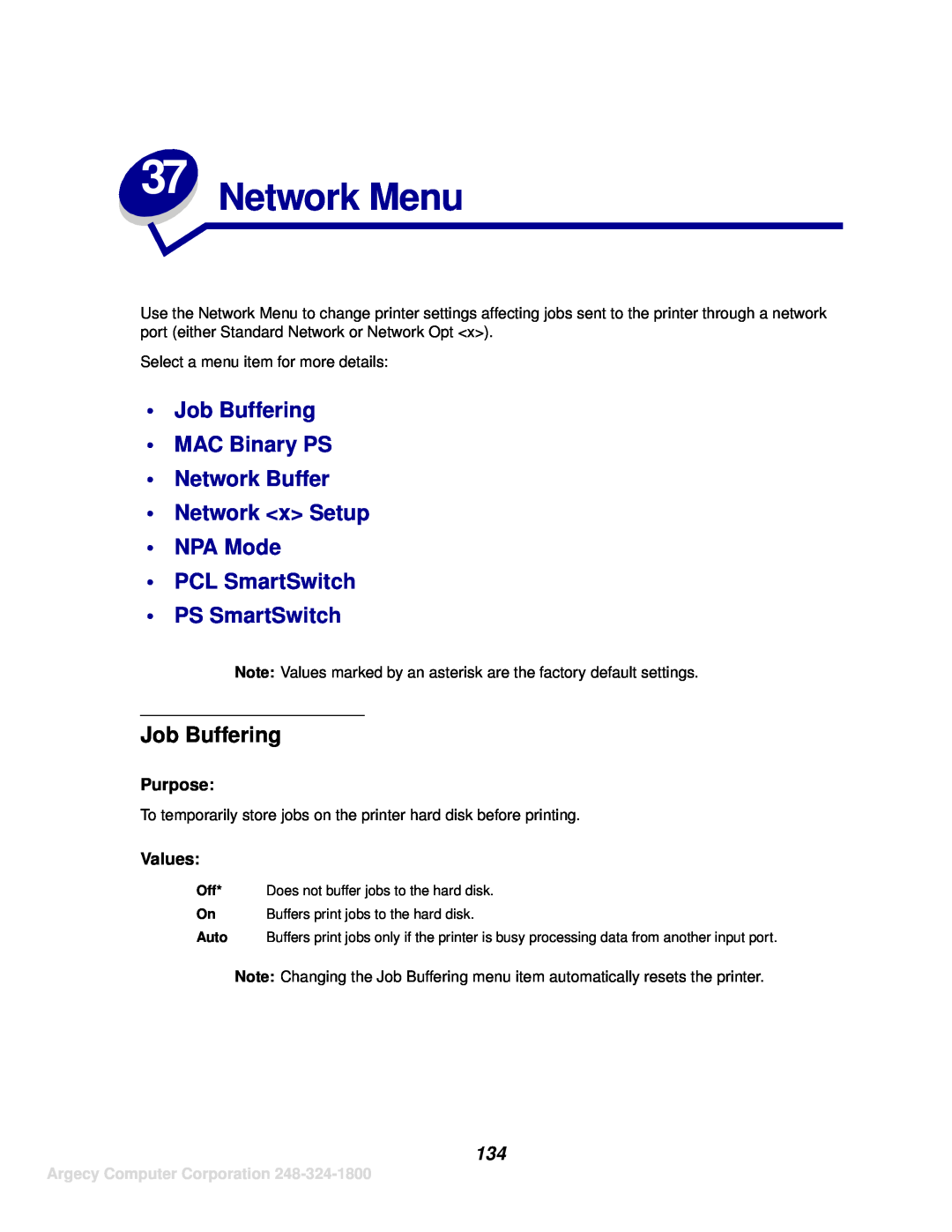 IBM 1125 Network Menu, Job Buffering MAC Binary PS Network Buffer Network x Setup NPA Mode, PCL SmartSwitch PS SmartSwitch 