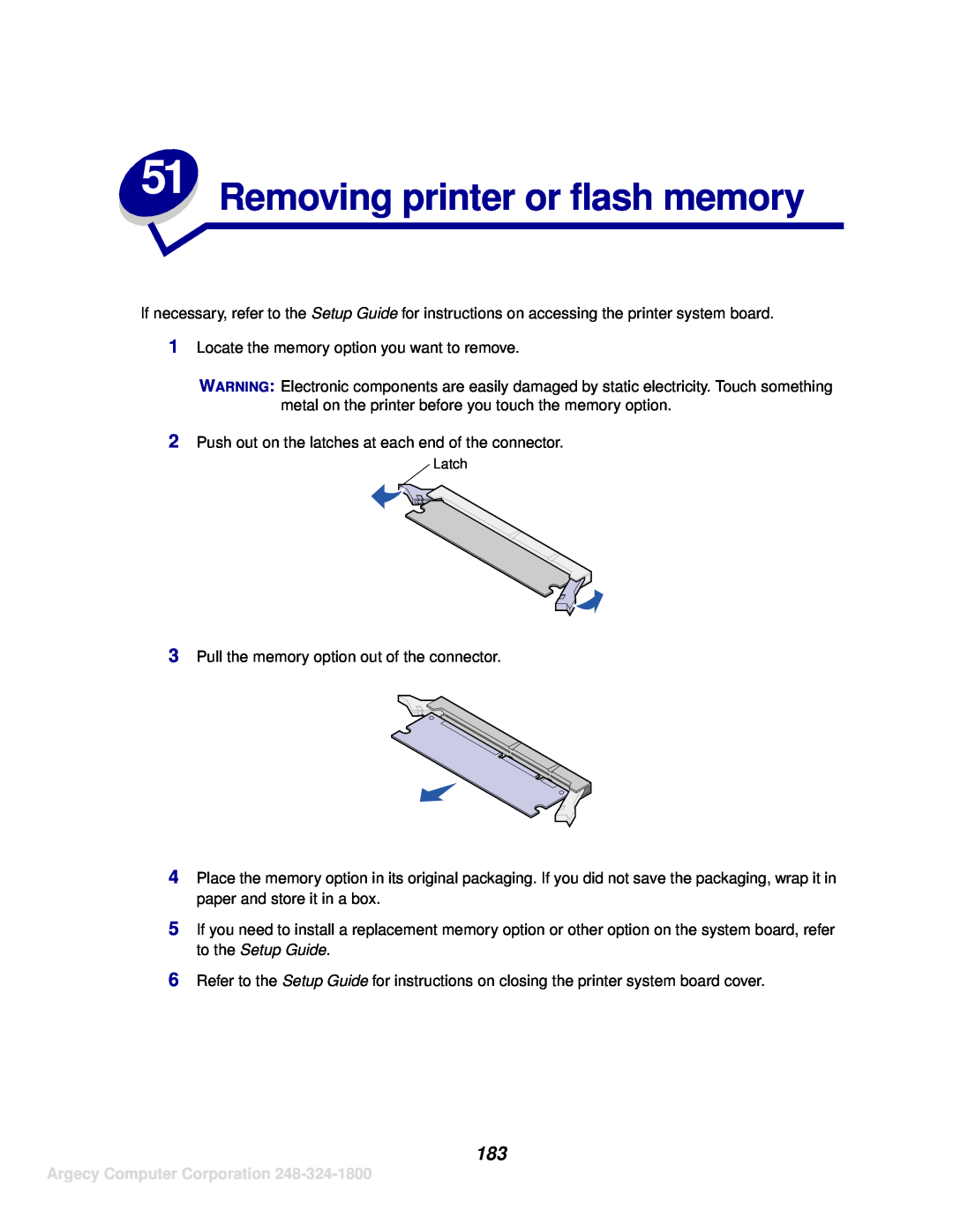 IBM 1120, 1125 manual Removing printer or flash memory, Argecy Computer Corporation 