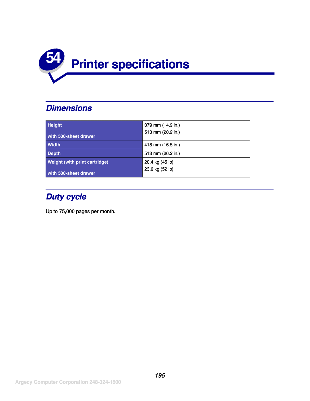 IBM 1120, 1125 manual Printer specifications, Dimensions, Duty cycle, Argecy Computer Corporation 