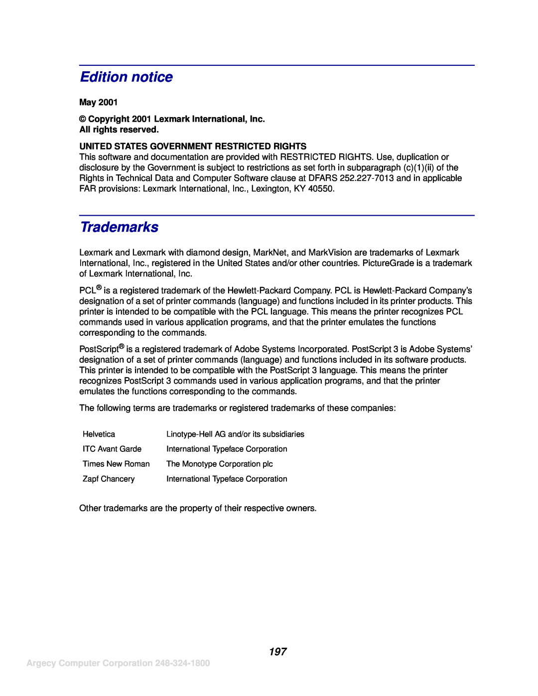 IBM 1120, 1125 manual Edition notice, Trademarks, May Copyright 2001 Lexmark International, Inc. All rights reserved 