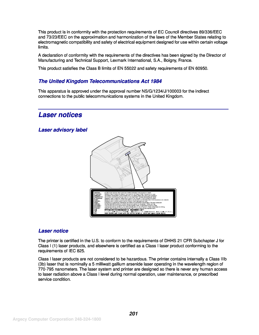 IBM 1120, 1125 manual Laser notices, The United Kingdom Telecommunications Act, Laser advisory label Laser notice 