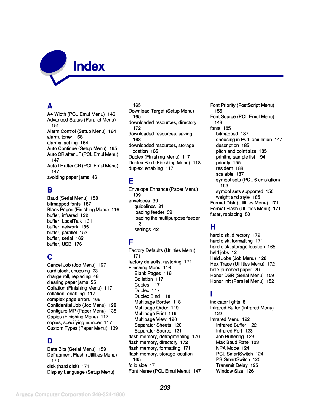 IBM 1120, 1125 manual Index, Argecy Computer Corporation 