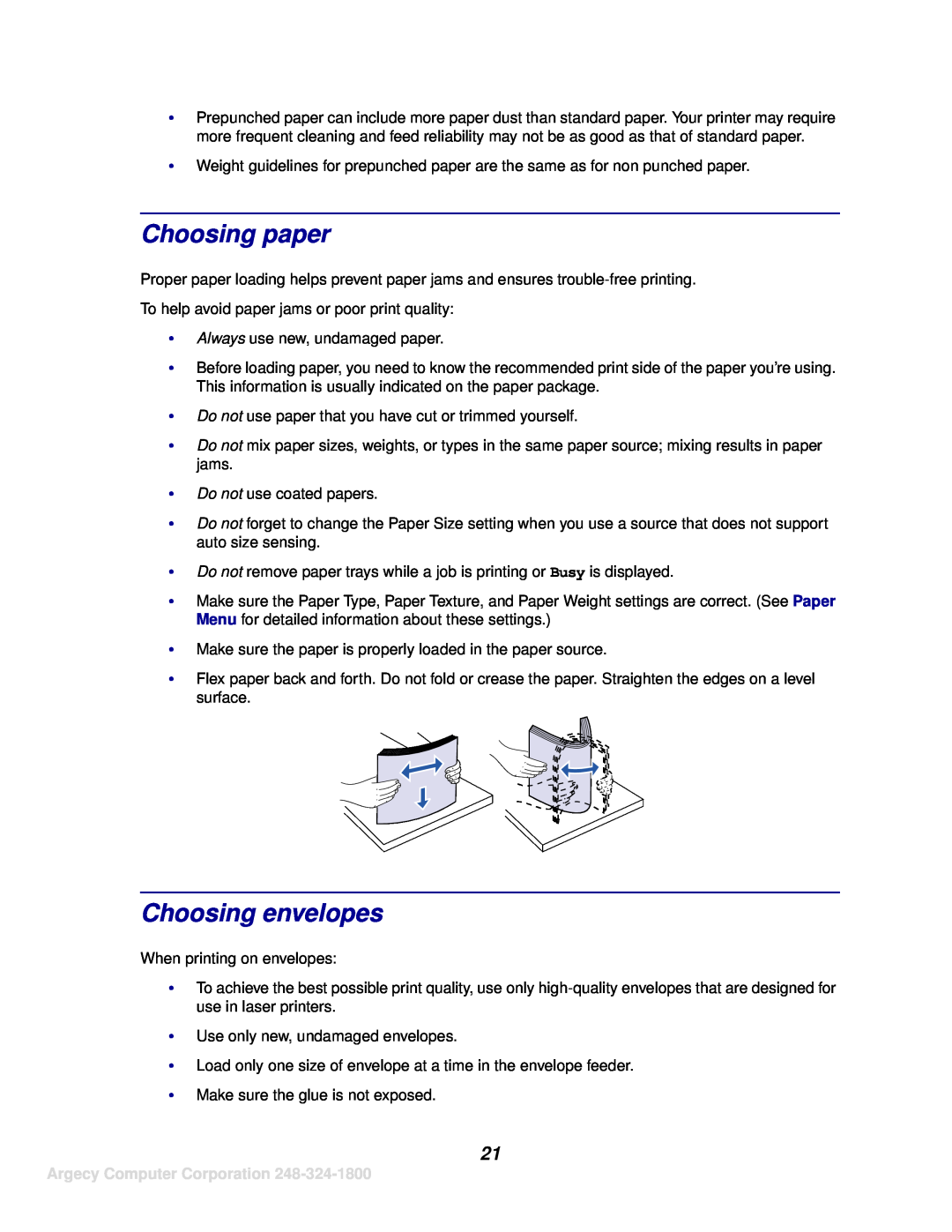 IBM 1120, 1125 manual Choosing paper, Choosing envelopes, Argecy Computer Corporation 