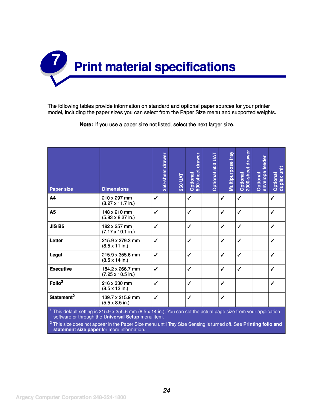 IBM 1125, 1120 manual Print material specifications, Note If you use a paper size not listed, select the next larger size 