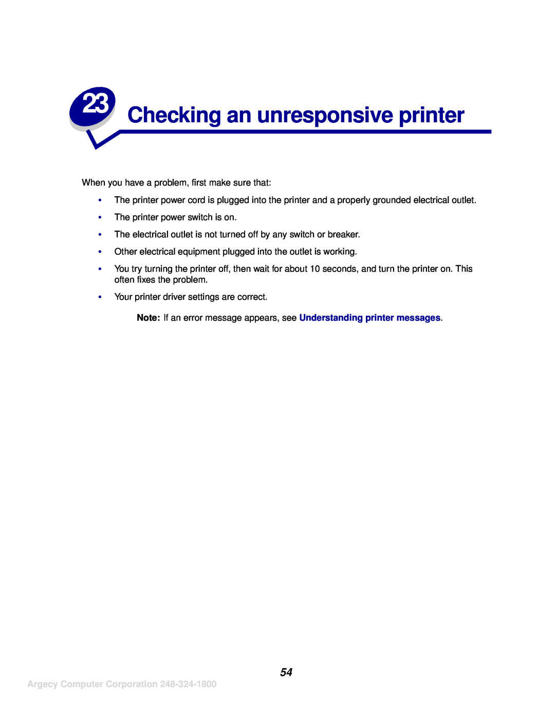 IBM 1125, 1120 manual Checking an unresponsive printer, Argecy Computer Corporation 
