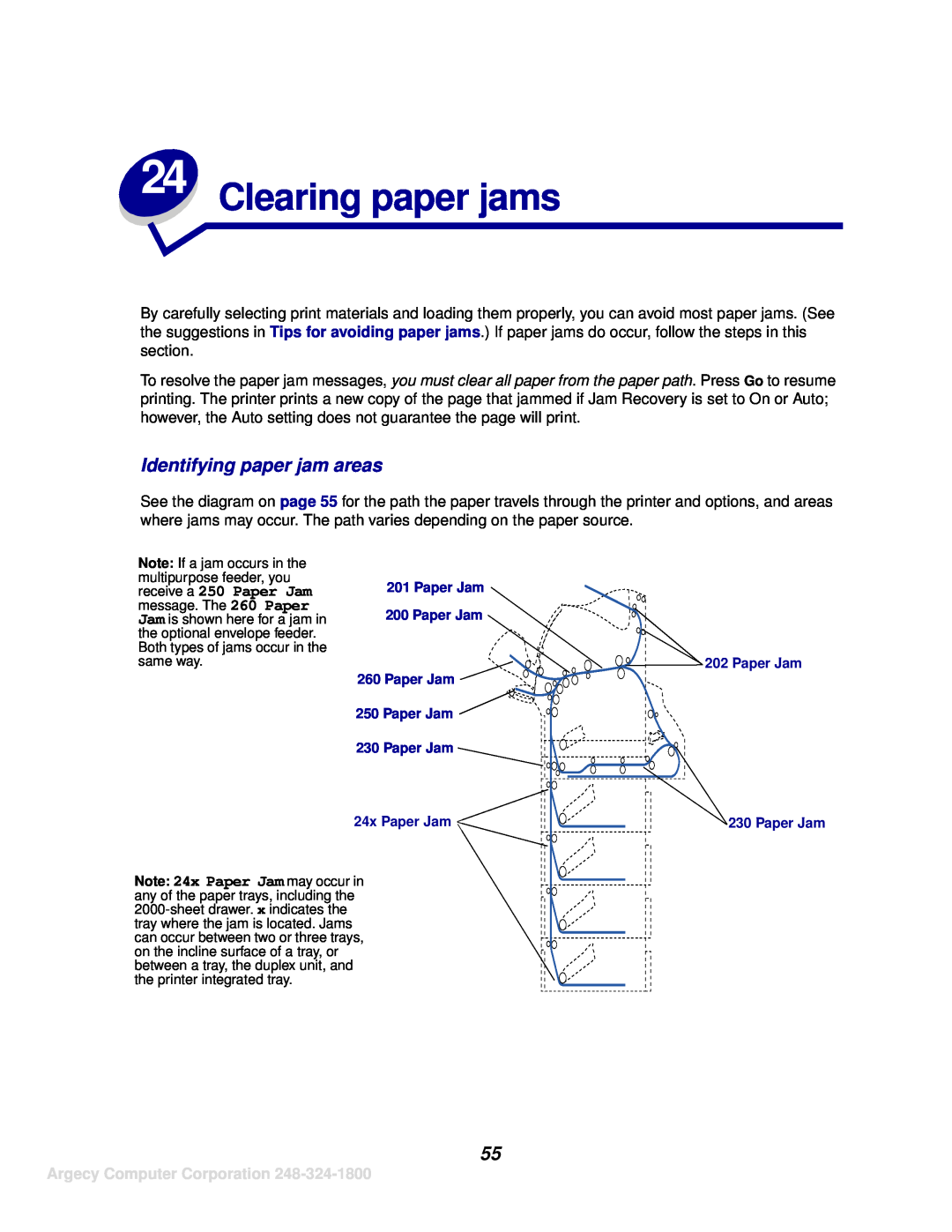 IBM 1120, 1125 manual Clearing paper jams, Identifying paper jam areas, Argecy Computer Corporation 