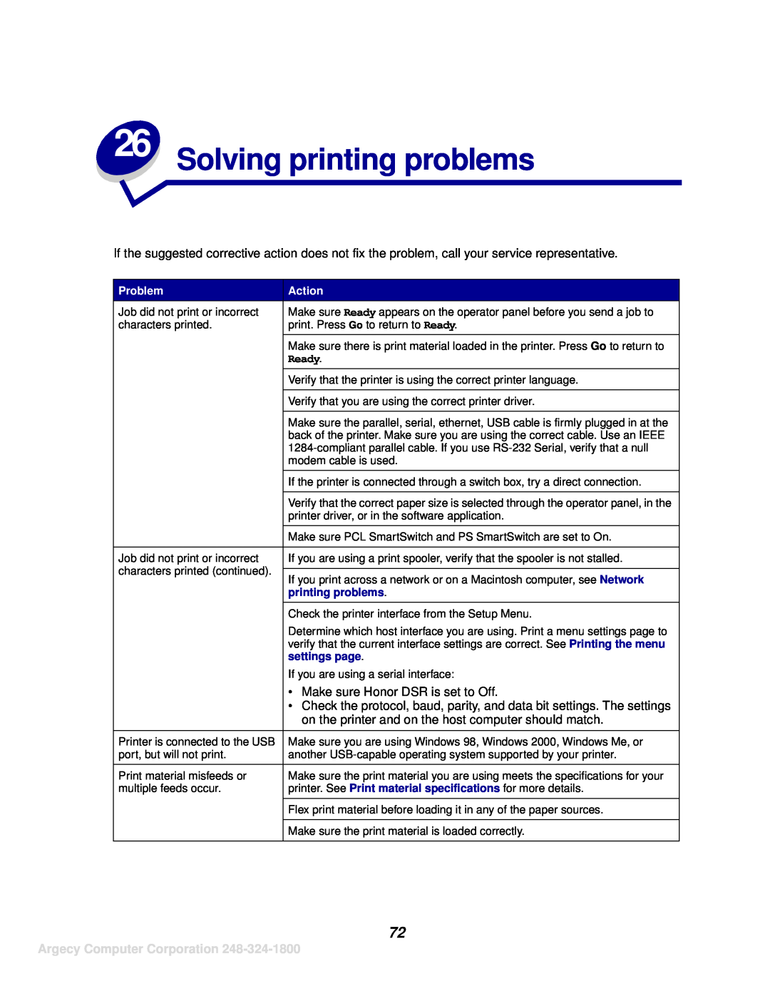IBM 1125, 1120 manual Solving printing problems, Argecy Computer Corporation, Ready, settings page 