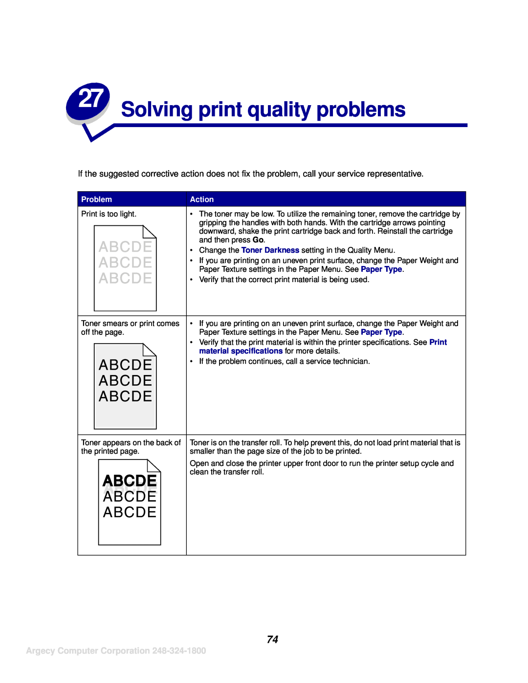 IBM 1125, 1120 manual Solving print quality problems, Argecy Computer Corporation, material specifications for more details 