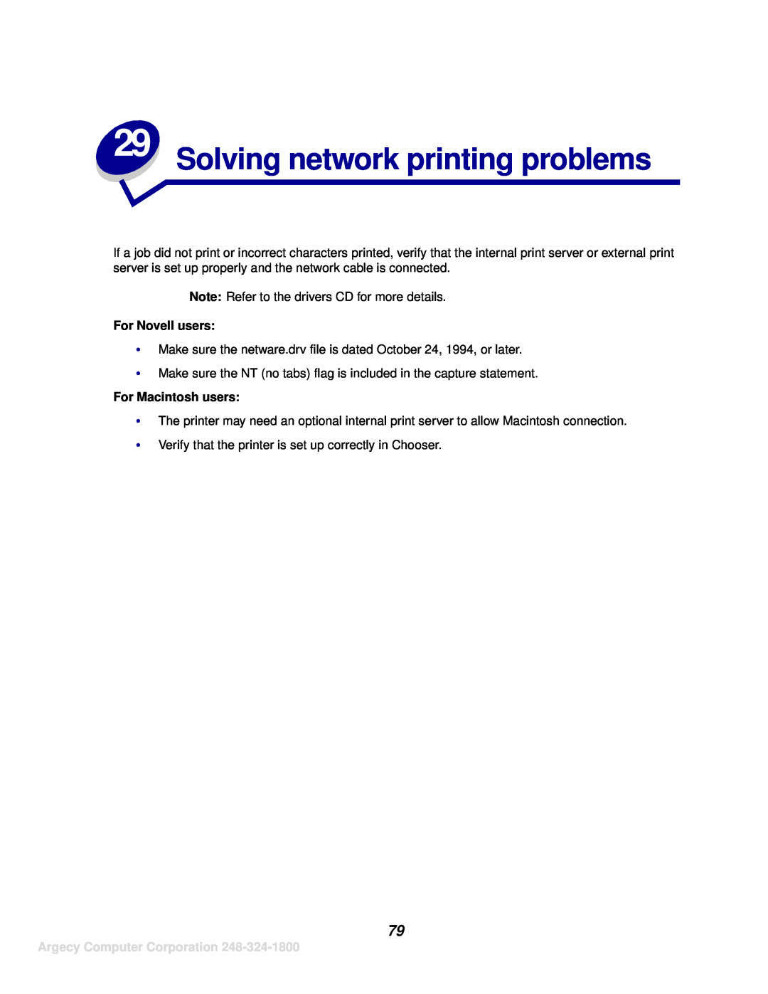 IBM 1120, 1125 manual Solving network printing problems, For Novell users, For Macintosh users, Argecy Computer Corporation 