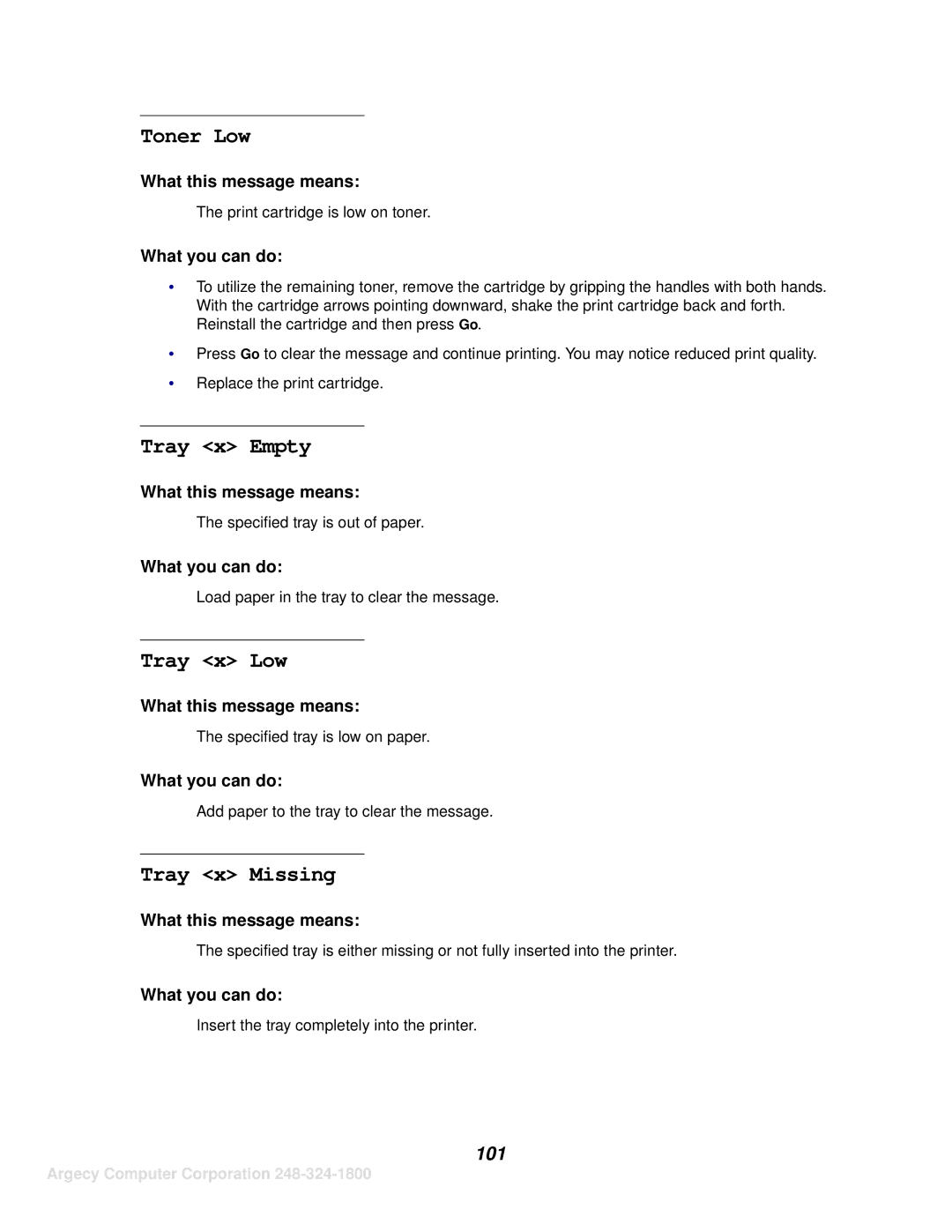 IBM 1120, 1125 manual Toner Low, Tray x Empty, Tray x Low, Tray x Missing, 101 