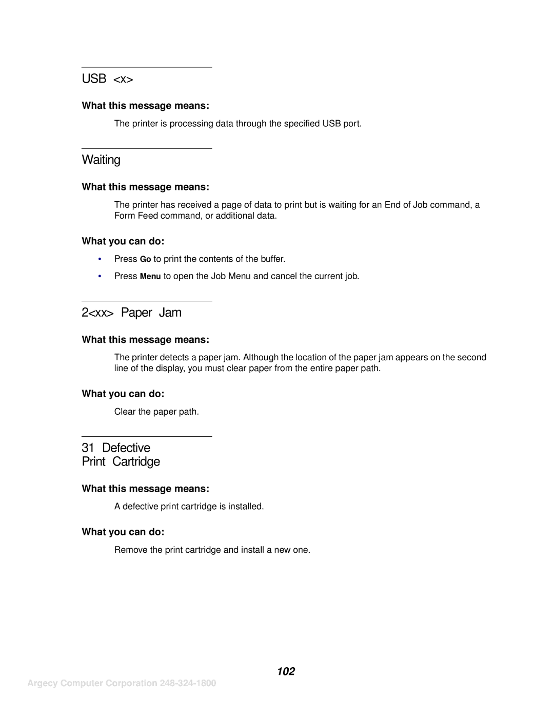 IBM 1125, 1120 manual Usb, Waiting, 2xx Paper Jam, Defective Print Cartridge, 102 