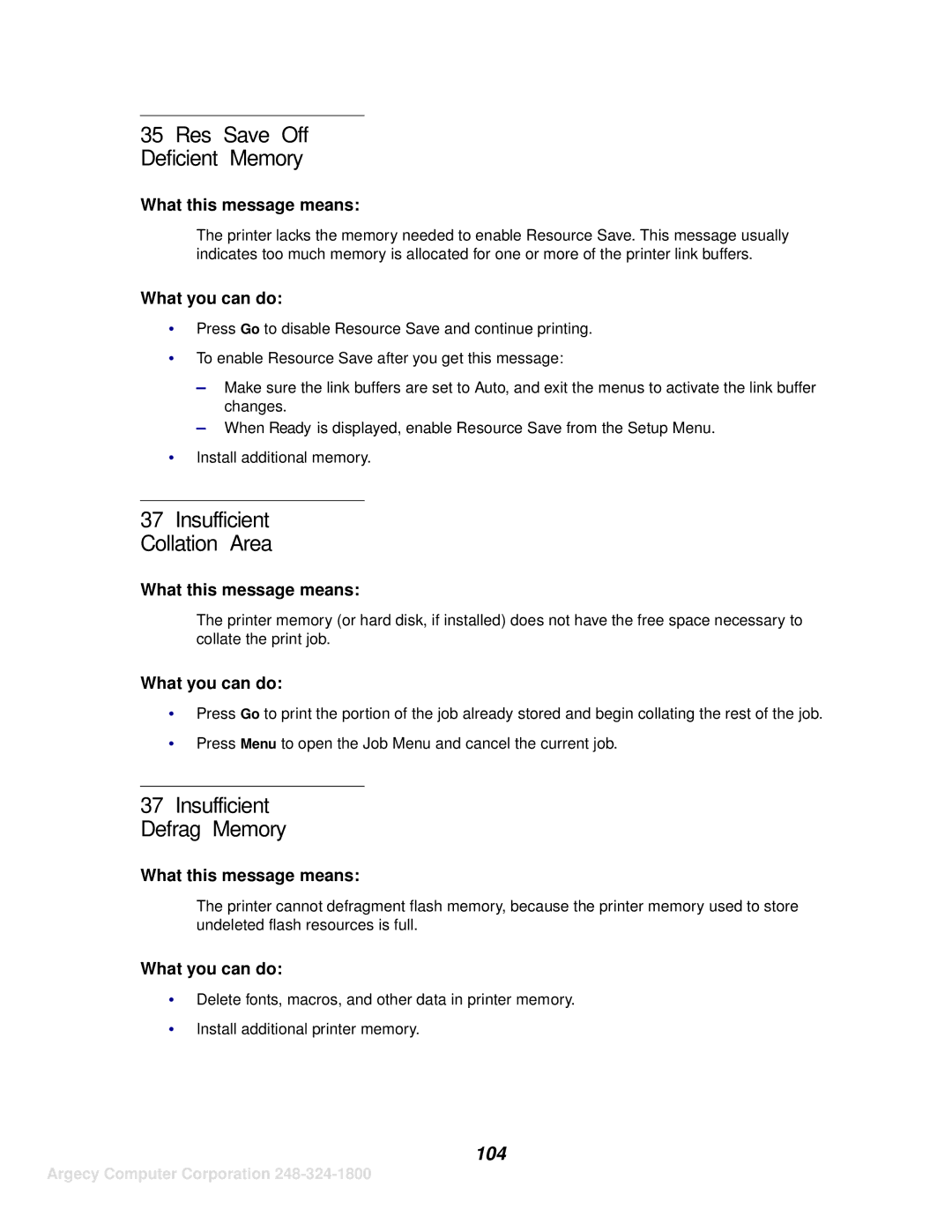 IBM 1125, 1120 manual Res Save Off Deficient Memory, Insufficient Collation Area, Insufficient Defrag Memory, 104 