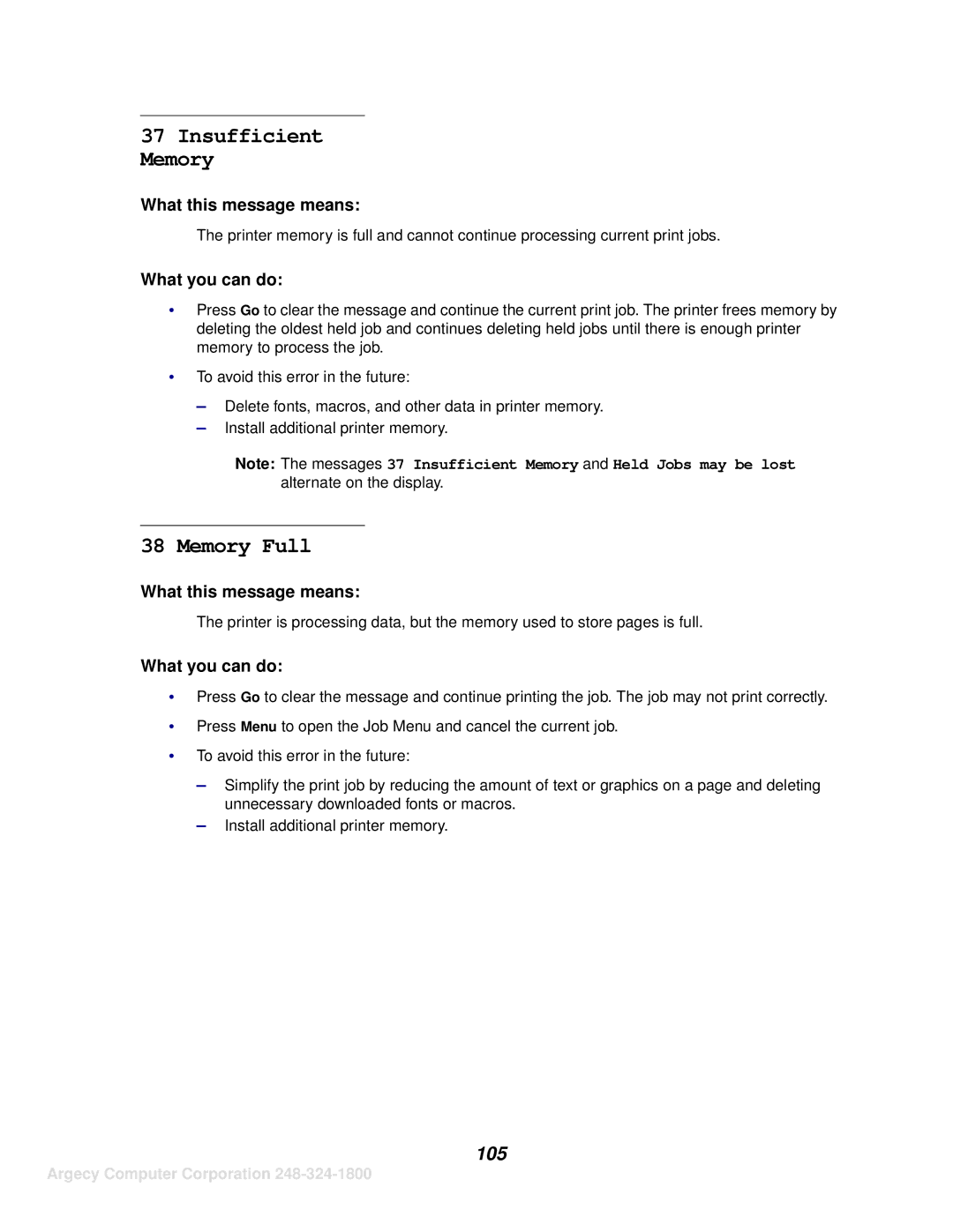 IBM 1120, 1125 manual Insufficient Memory, Memory Full, 105 