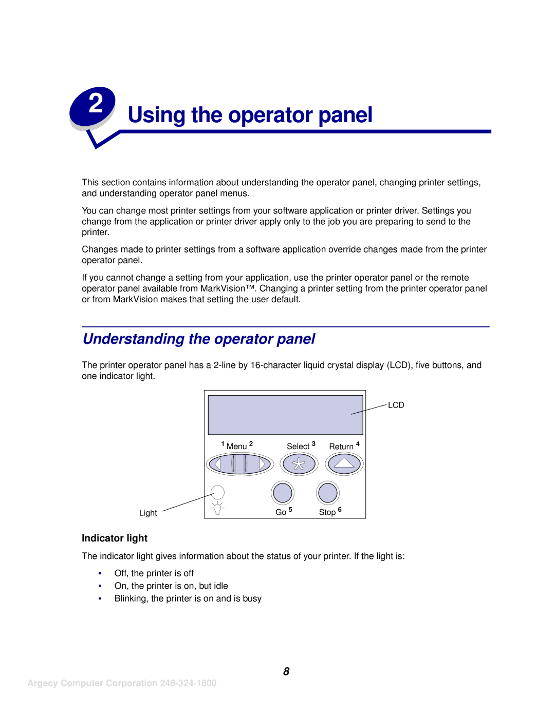 IBM 1125, 1120 manual Using the operator panel, Understanding the operator panel, Menu Select 3 Return 