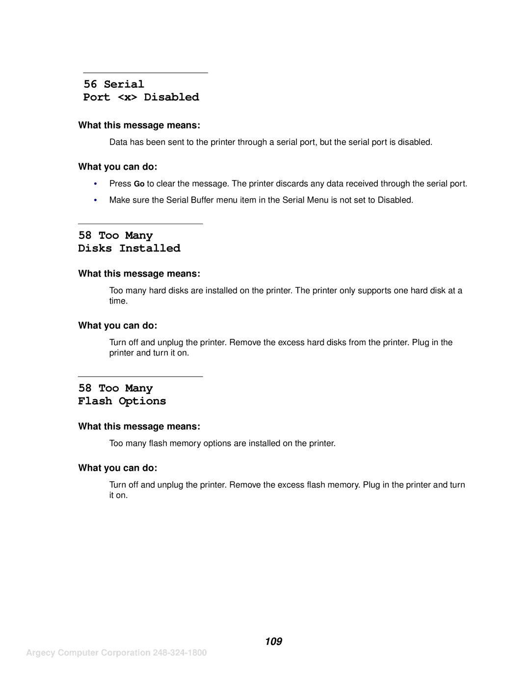 IBM 1120, 1125 manual Serial Port x Disabled, Too Many Disks Installed, Too Many Flash Options, 109 