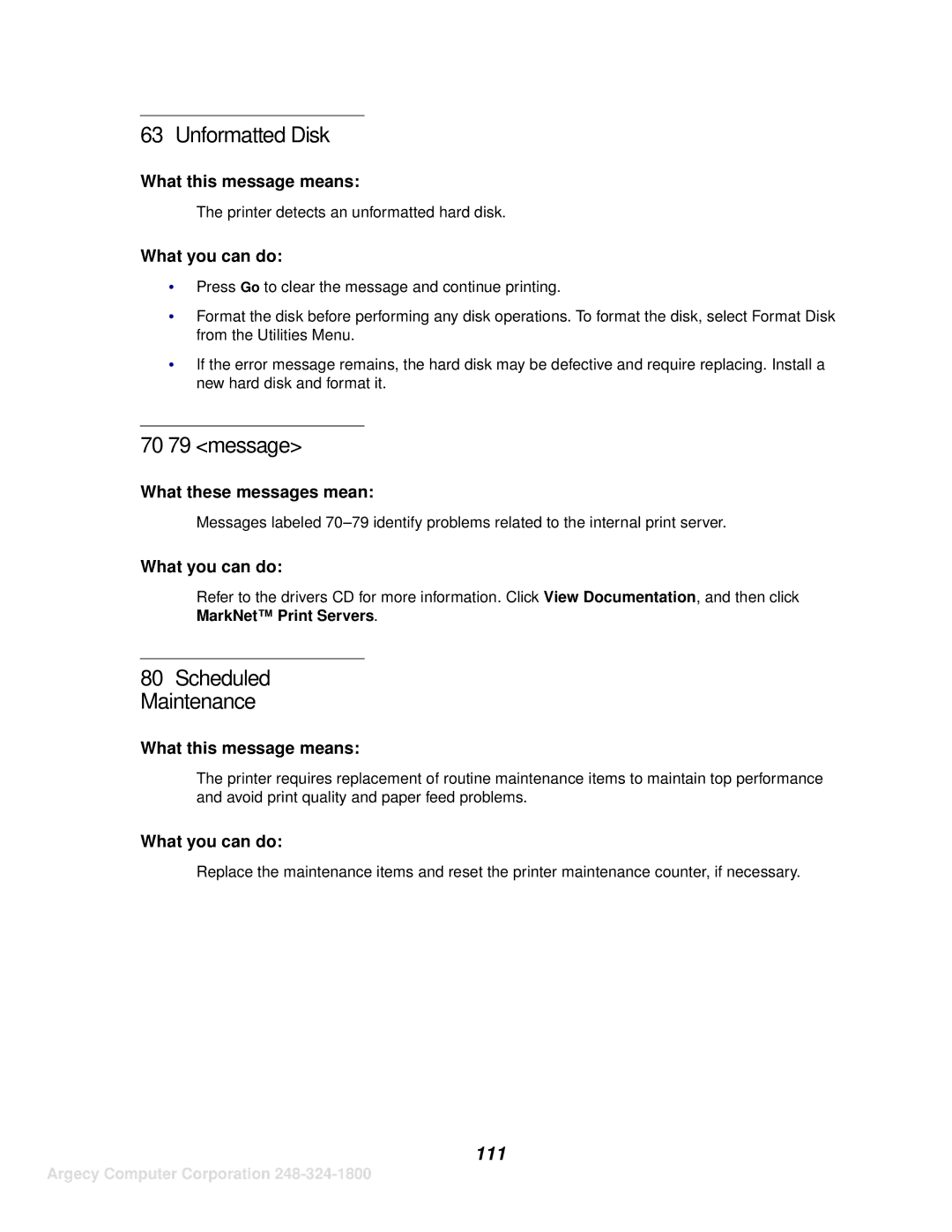 IBM 1120, 1125 manual Unformatted Disk, Message, Scheduled Maintenance, 111 