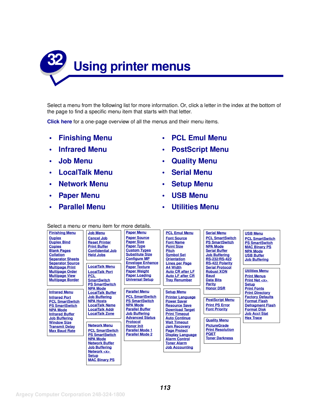 IBM 1120, 1125 manual Using printer menus, 113 