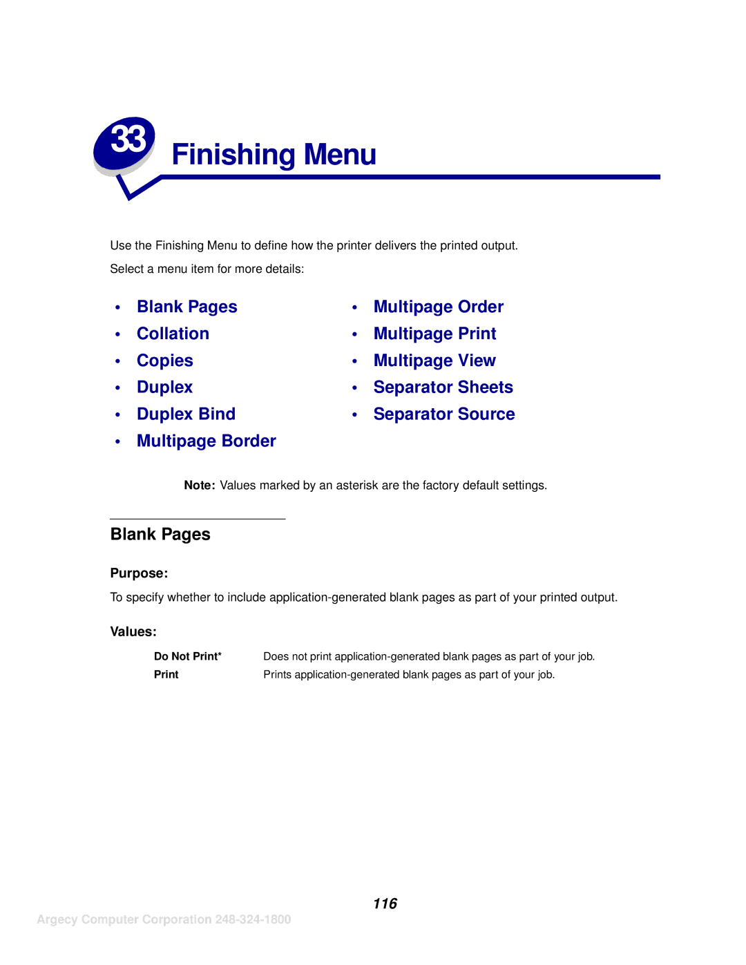 IBM 1125, 1120 manual Finishing Menu, Blank Pages, 116, Do Not Print 