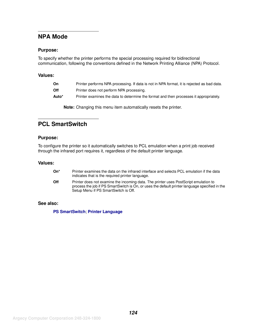 IBM 1125, 1120 manual NPA Mode, PCL SmartSwitch, 124, Off Printer does not perform NPA processing Auto 