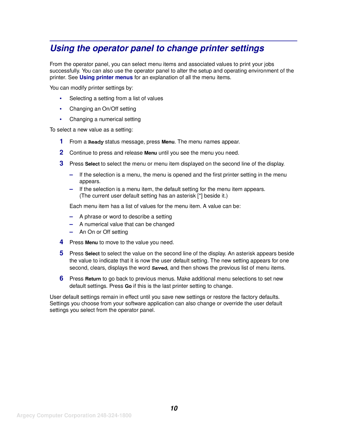 IBM 1125, 1120 manual Using the operator panel to change printer settings 