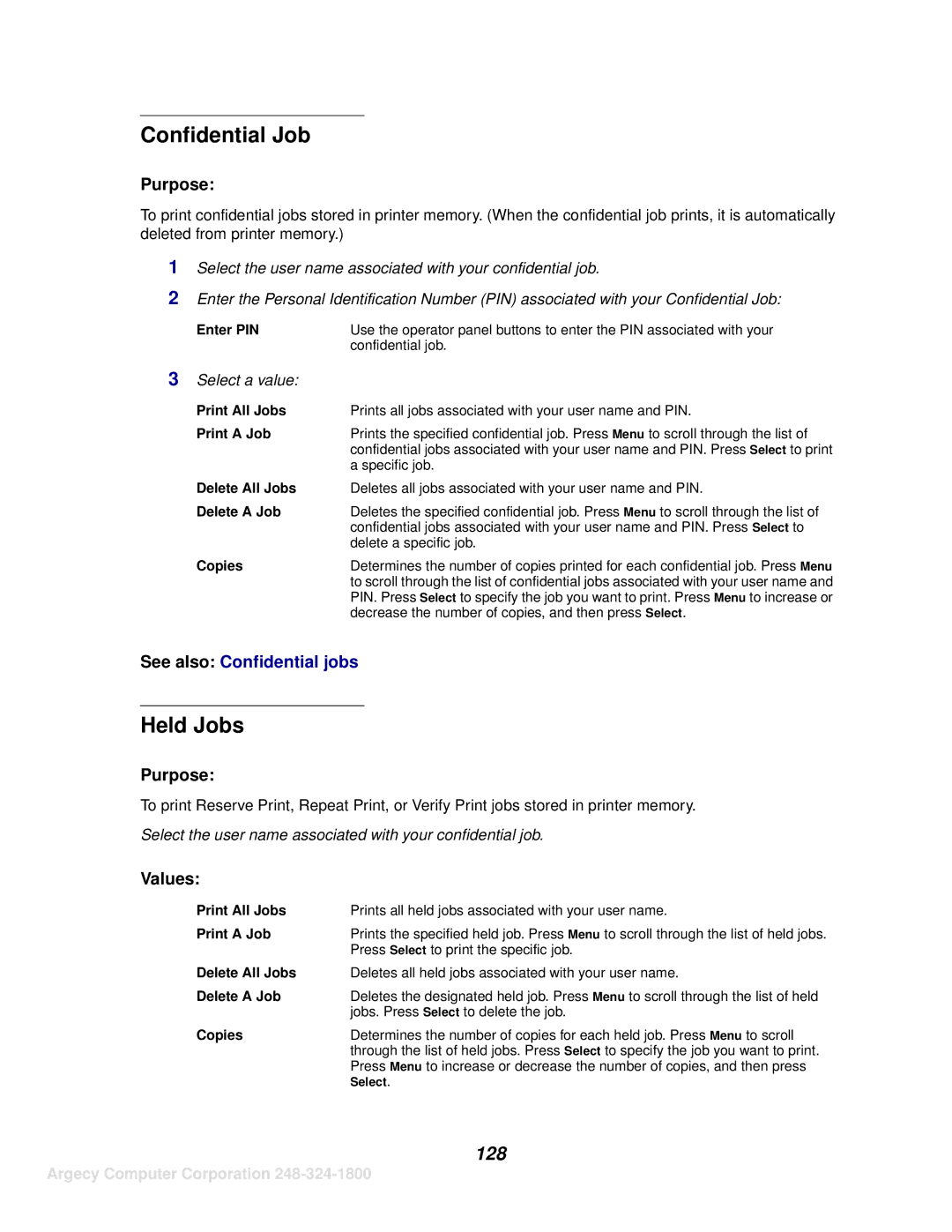 IBM 1125, 1120 manual Confidential Job, Held Jobs, 128 