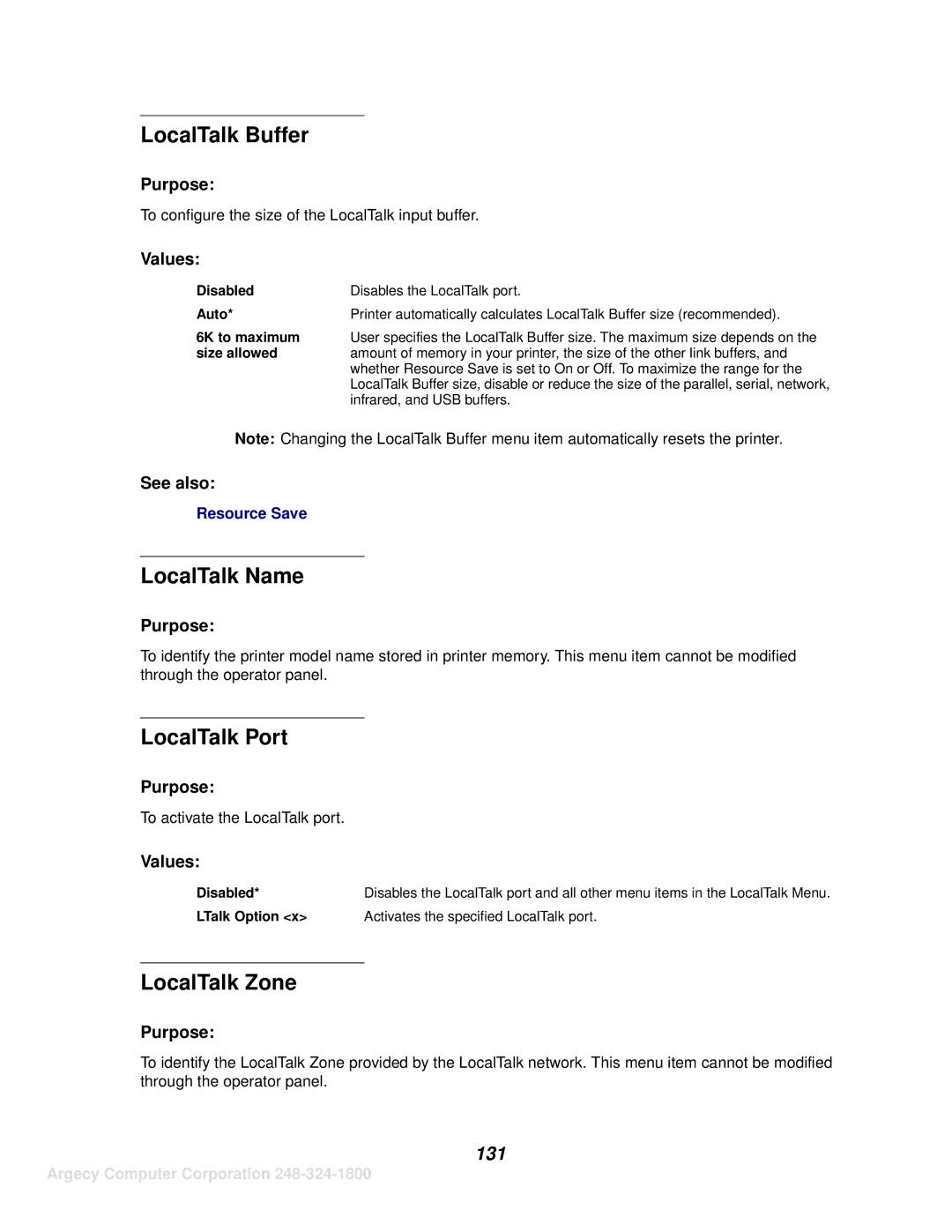 IBM 1120, 1125 manual LocalTalk Buffer, LocalTalk Name, LocalTalk Port, LocalTalk Zone, 131 