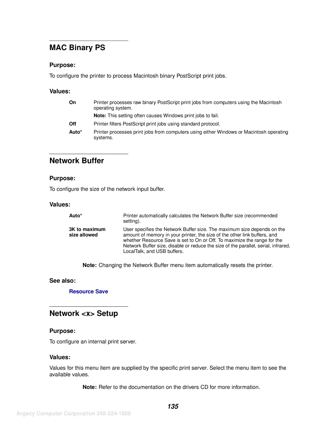 IBM 1120, 1125 manual MAC Binary PS, Network Buffer, Network x Setup, 135, 3K to maximum 