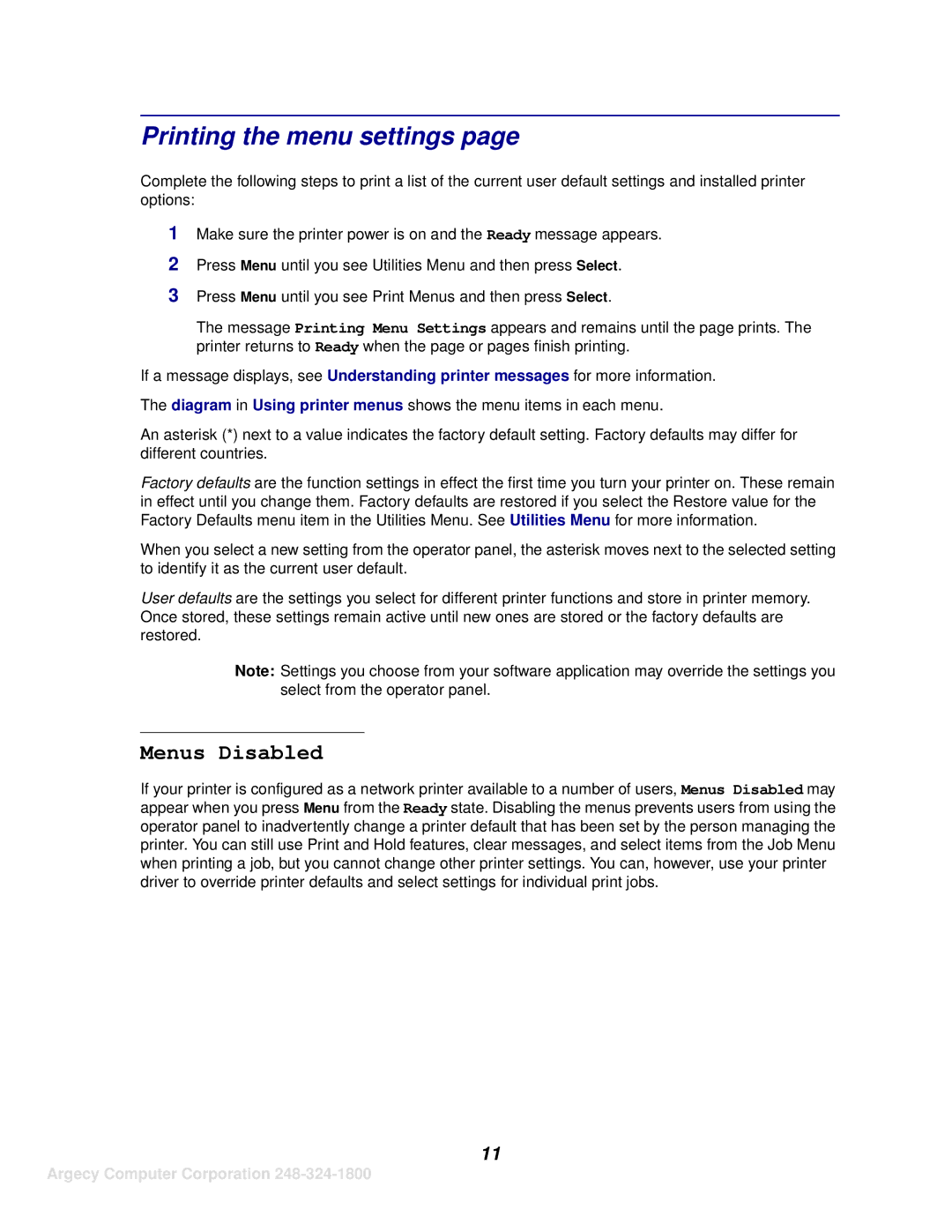 IBM 1120, 1125 manual Printing the menu settings, Menus Disabled 