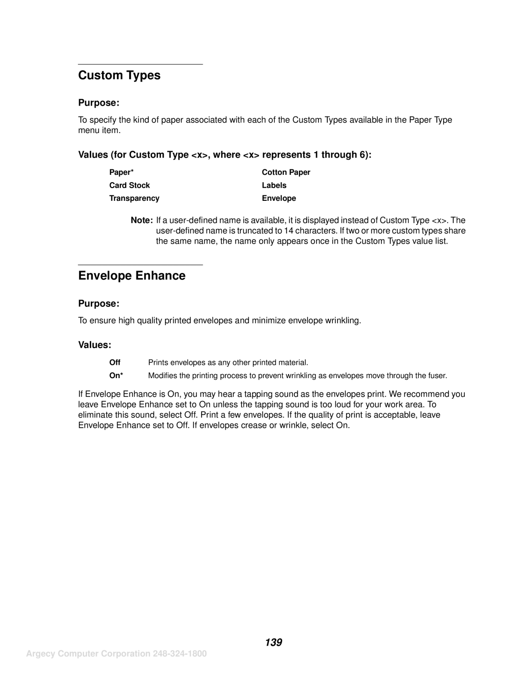 IBM 1120, 1125 manual Custom Types, Envelope Enhance, 139, Paper Cotton Paper Card Stock Labels Transparency Envelope 