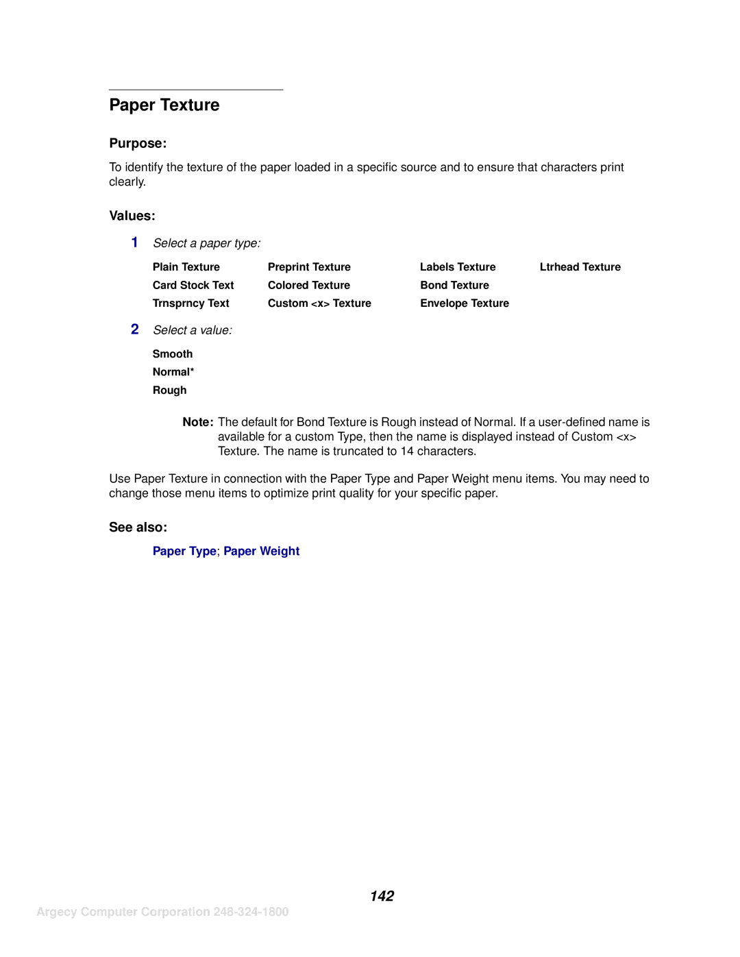 IBM 1125, 1120 manual Paper Texture, 142, Plain Texture Preprint Texture Labels Texture, Smooth Normal Rough 