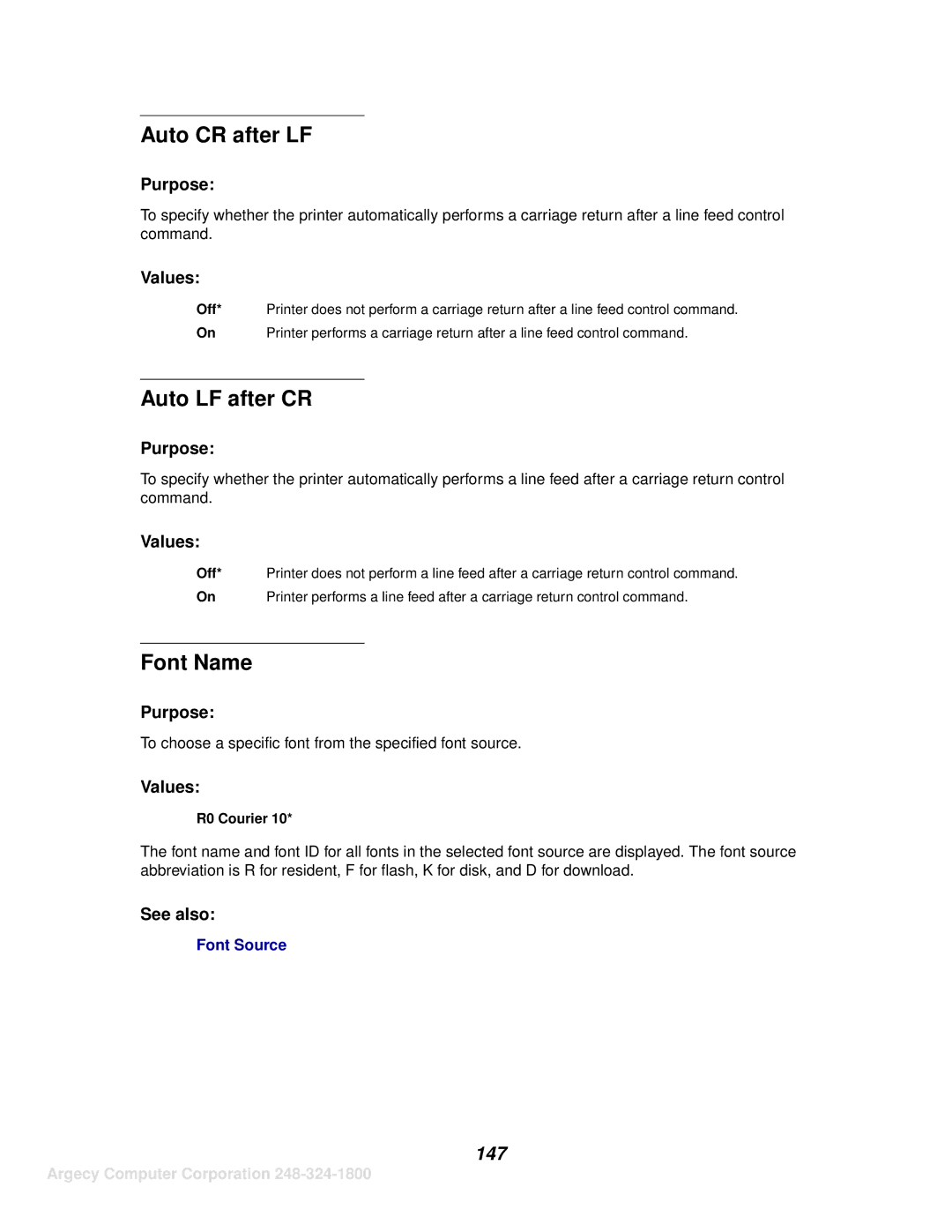 IBM 1120, 1125 manual Auto CR after LF, Auto LF after CR, Font Name, 147, R0 Courier 