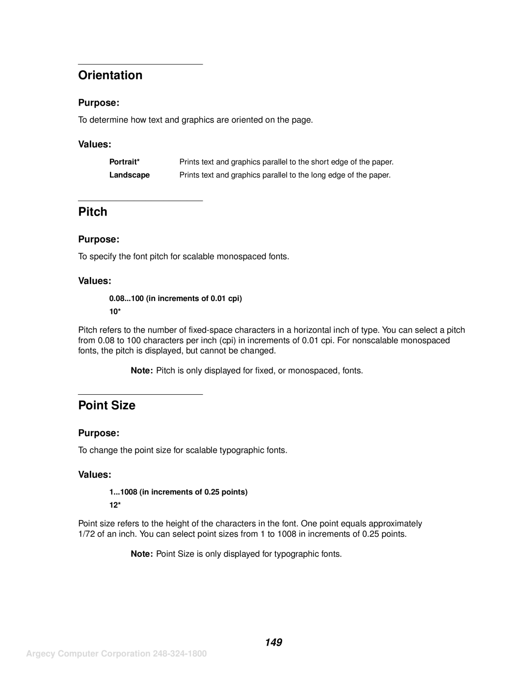 IBM 1120, 1125 manual Orientation, Pitch, Point Size, 149 