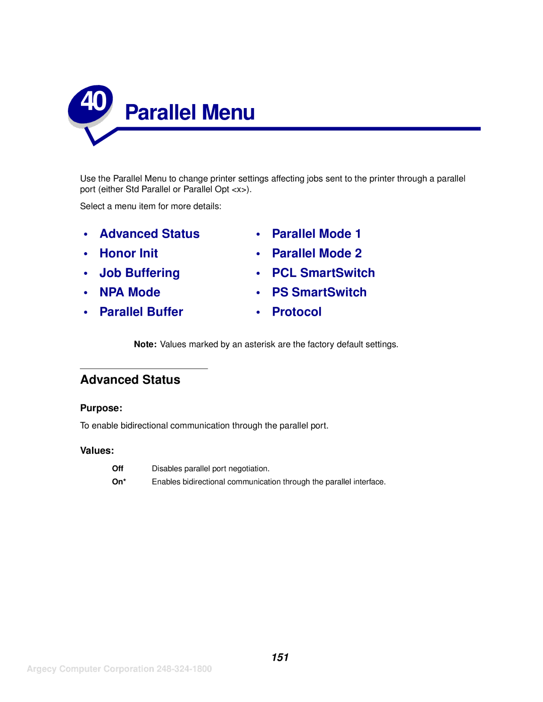 IBM 1120, 1125 manual Parallel Menu, Advanced Status, 151 