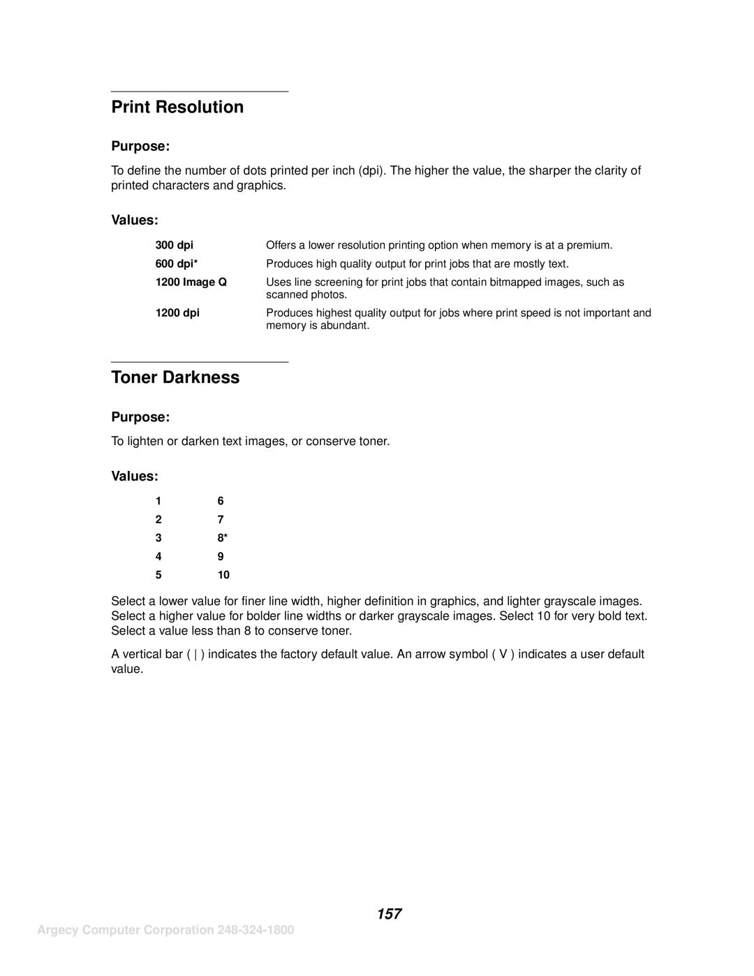 IBM 1120, 1125 manual Print Resolution, Toner Darkness, 157 