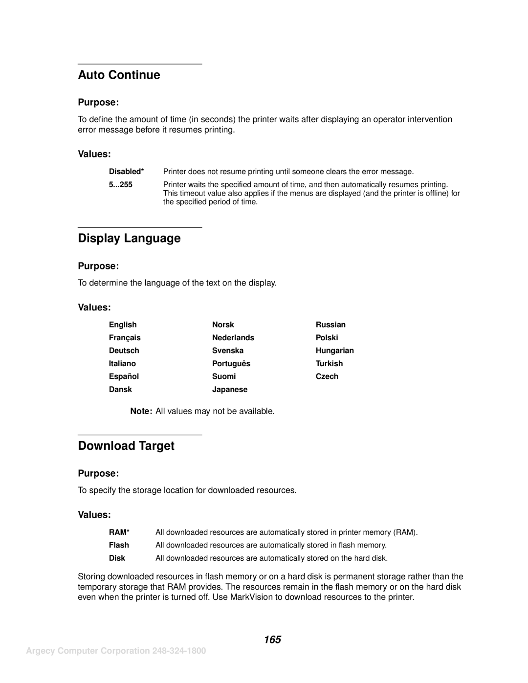 IBM 1120, 1125 manual Auto Continue, Display Language, Download Target, 165, 255 