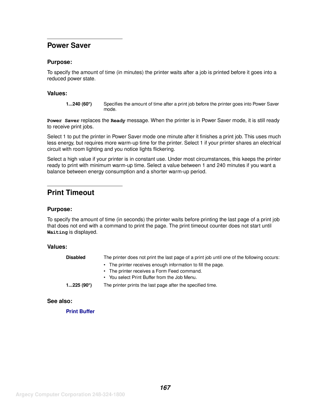 IBM 1120, 1125 manual Power Saver, Print Timeout, 167, 225 