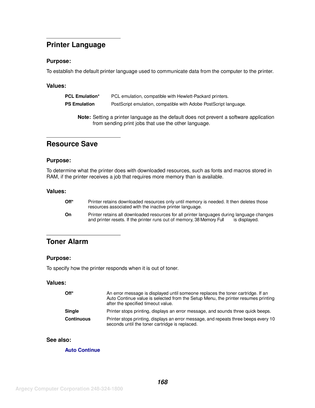 IBM 1125, 1120 manual Printer Language, Resource Save, Toner Alarm, 168 