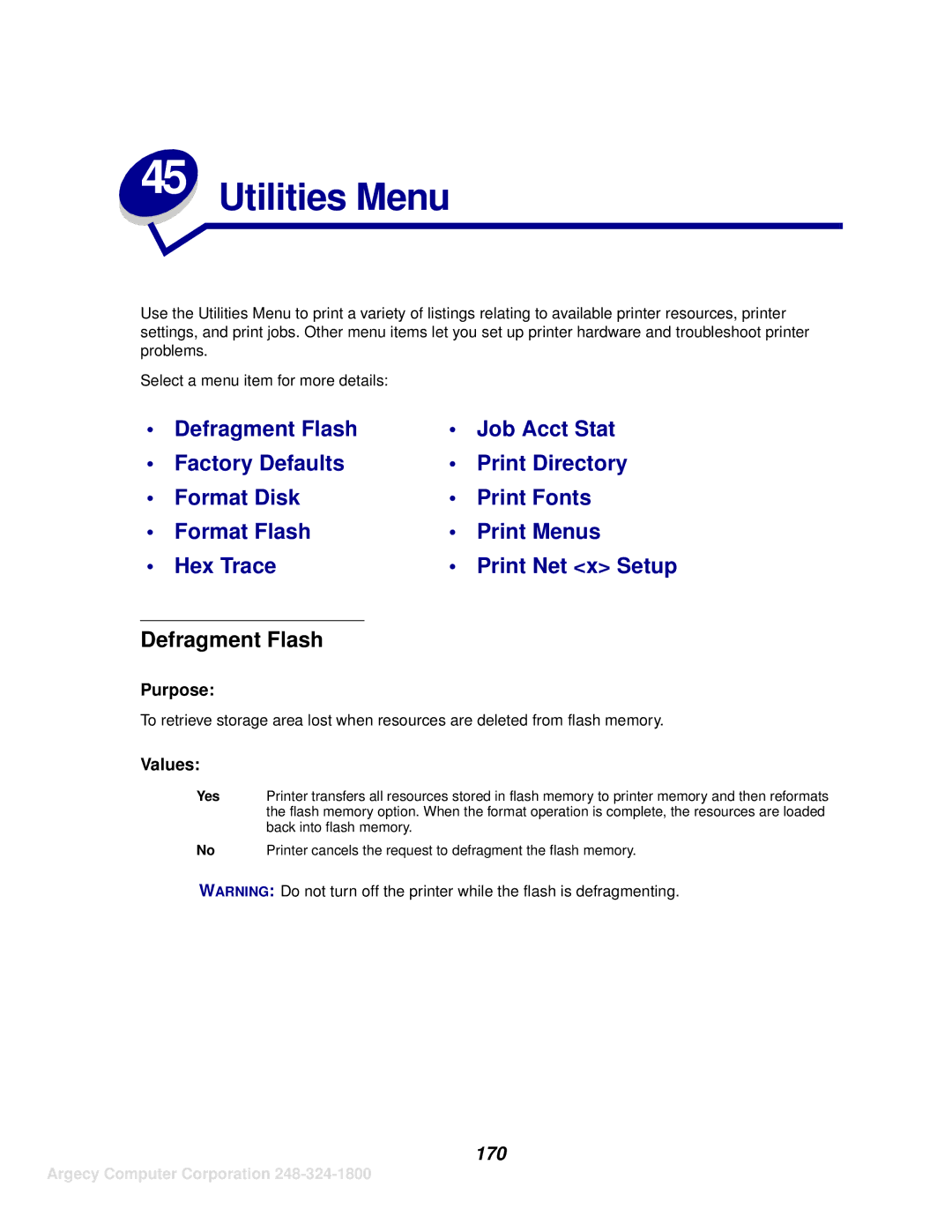 IBM 1125, 1120 manual Utilities Menu, Defragment Flash, 170 