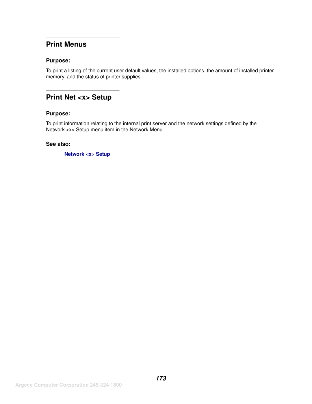 IBM 1120, 1125 manual Print Menus, Print Net x Setup, 173 