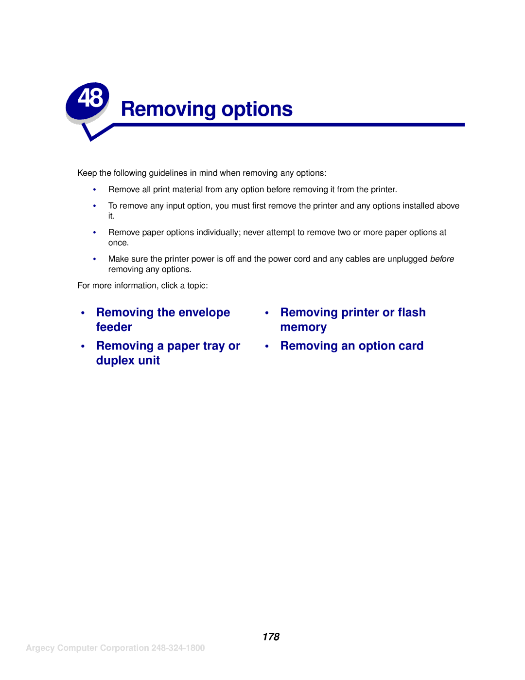 IBM 1125, 1120 manual Removing options, 178 