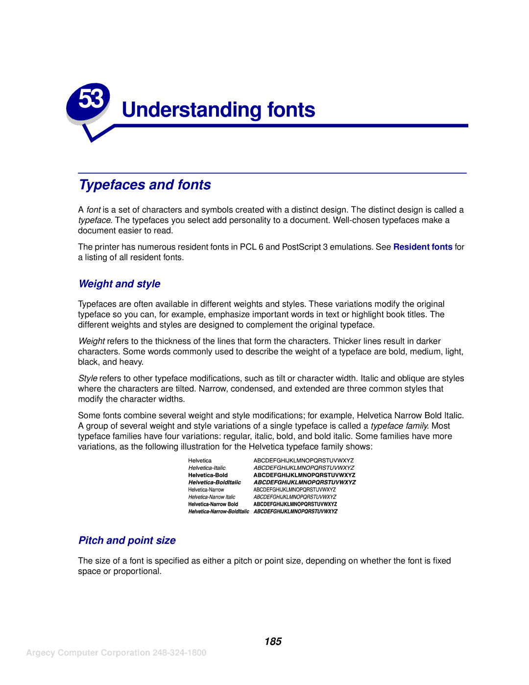 IBM 1120, 1125 manual Understanding fonts, Typefaces and fonts, Weight and style, Pitch and point size, 185 